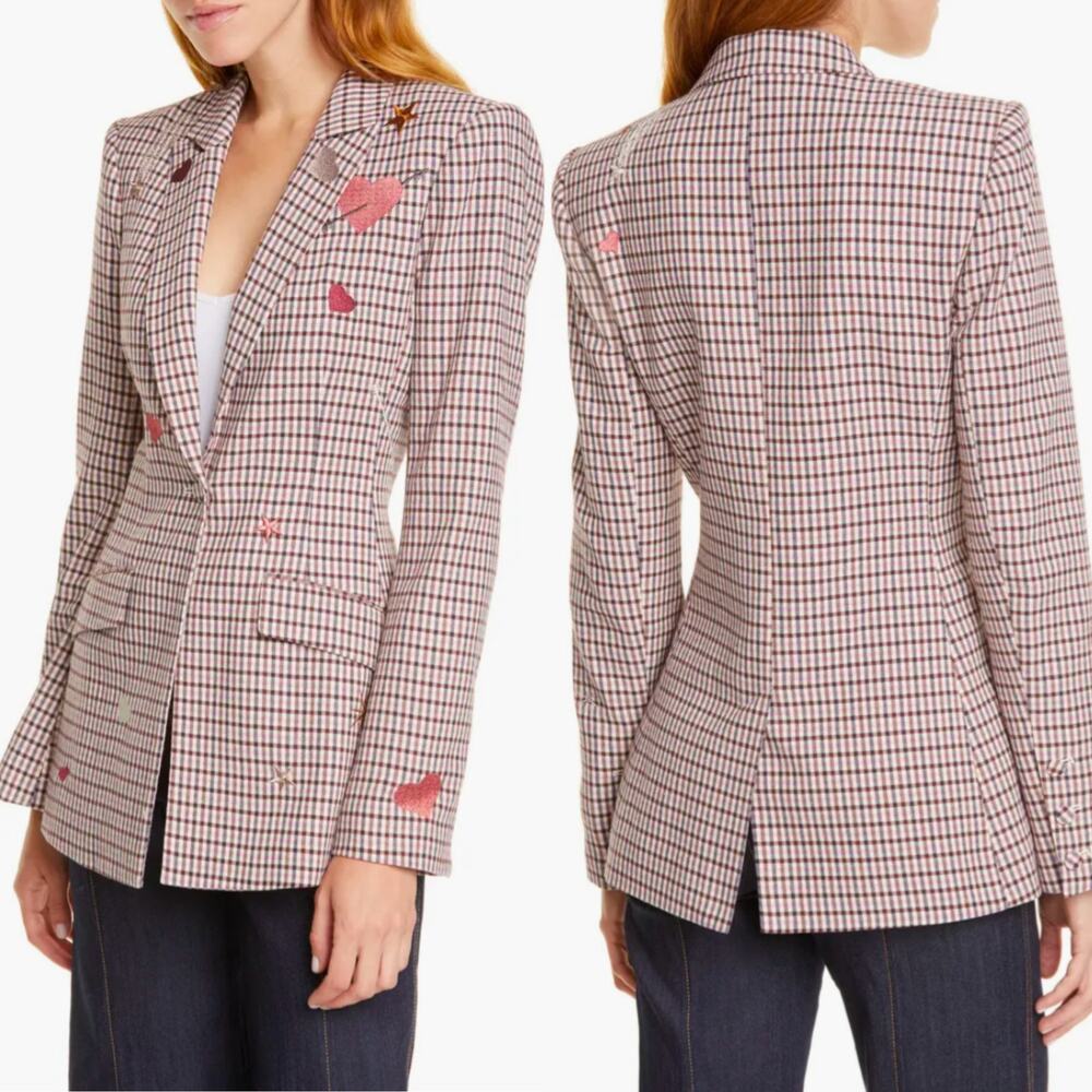 Cinq à Sept Estelle Check Plaid Pink Embroidered Metallic Single Button Blazer 0 - Picture 13 of 13
